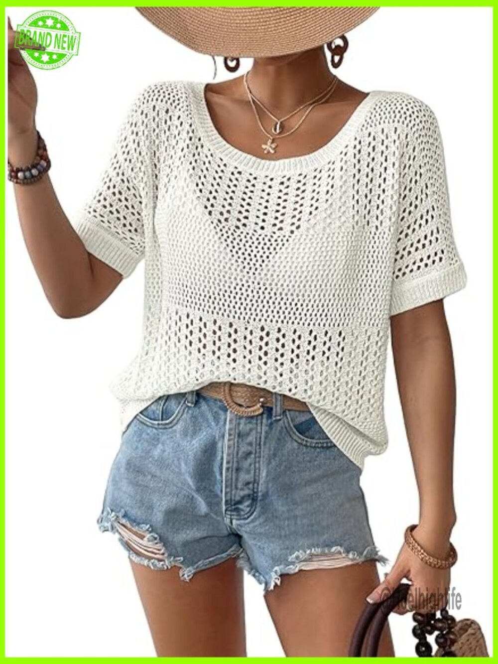 Crochet Knit Cover Up Top Short Sleeve Mesh Hollow Out Sweater Women's Medium
